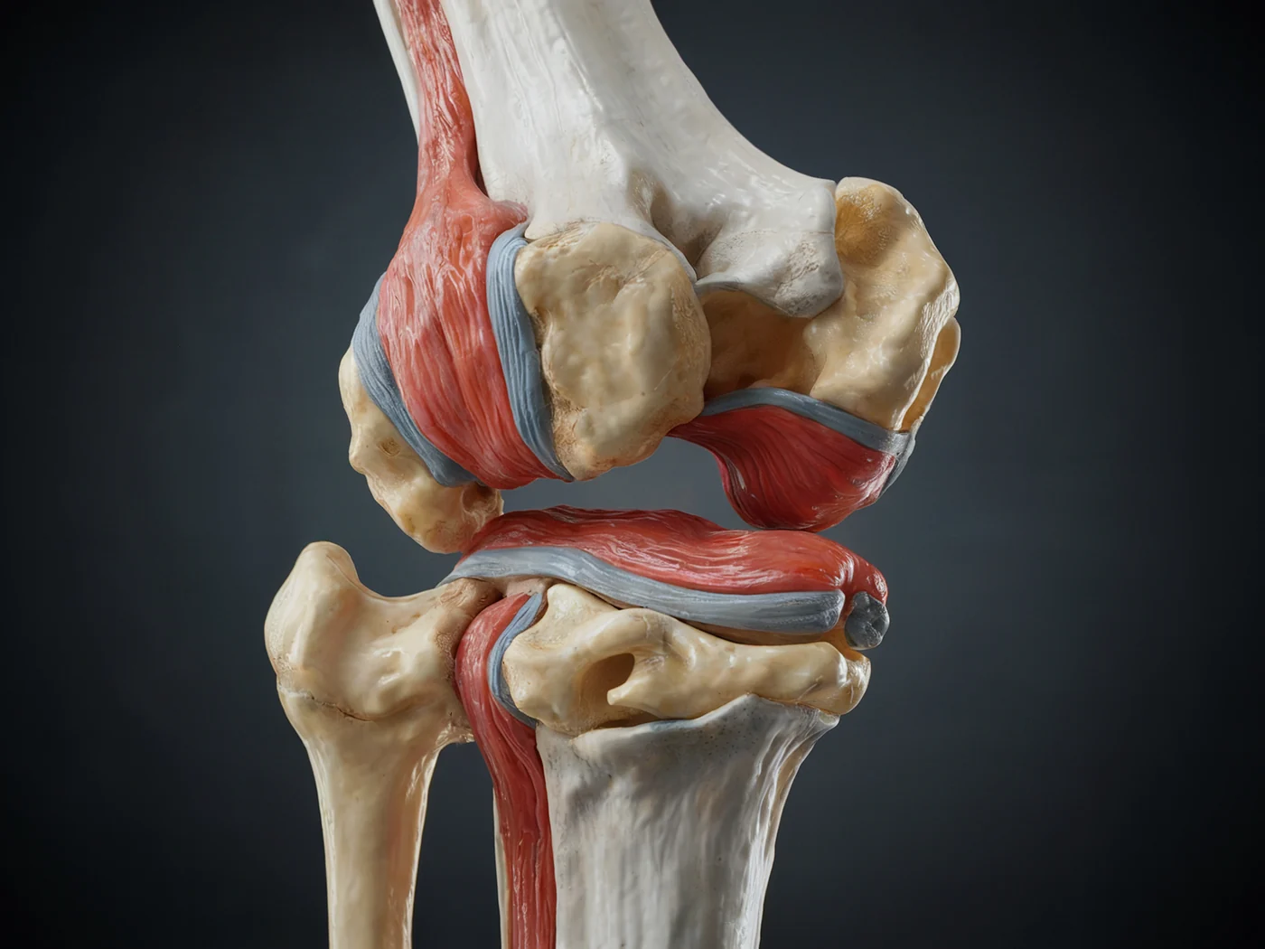 Anatomical model of the knee joint showing the bones and ligaments